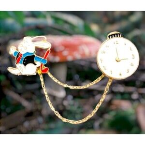 Disney WHITE RABBIT PIN Alice in Wonderland 2 PC Chain Watch Enamel Lapel Brooch